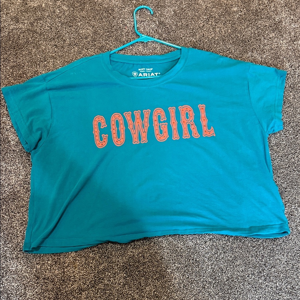 Ariat Boxy Crop Blue T-Shirt with Orange 'Cowgirl' Print